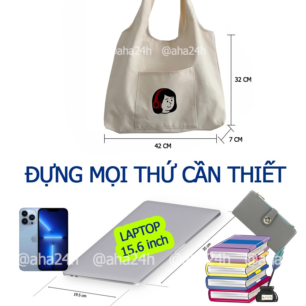 Túi tote vải Canvas túi nhỏ phong cách đi học đi chời hàn quốc giá rẻ in Girl tai nghe AH1604