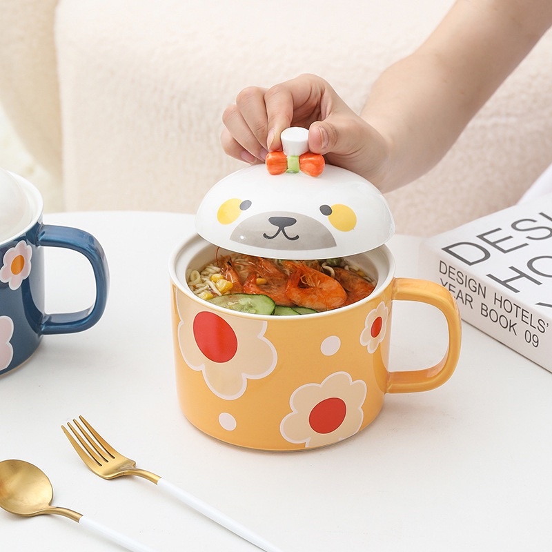 Tô sứ có nắp ngộ nghĩnh, bát ăn mì có quai, chén sứ cỡ lớn đựng canh, súp, mì siêu tiện lợi