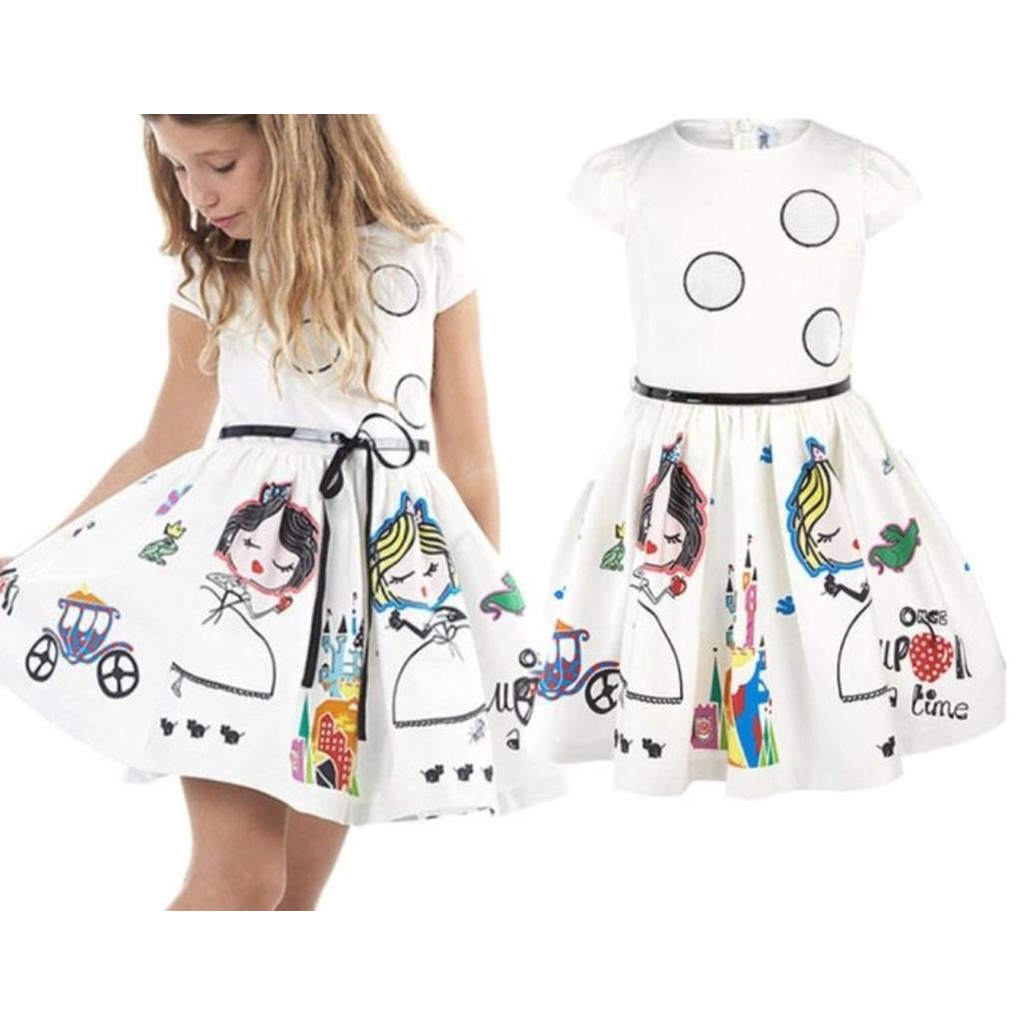 Đầm dự tiệc vải Chiffon họa tiết gạch trắng đơn giản cho bé gái 3 4 5 tuổi 2021