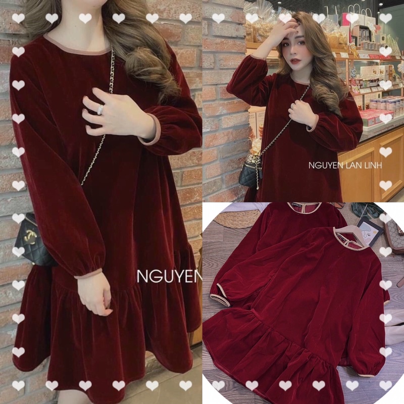 Đầm Babydoll Nhung Dáng Suông Chân Xoè Nhẹ (SẴN/ẢNH THẬT)