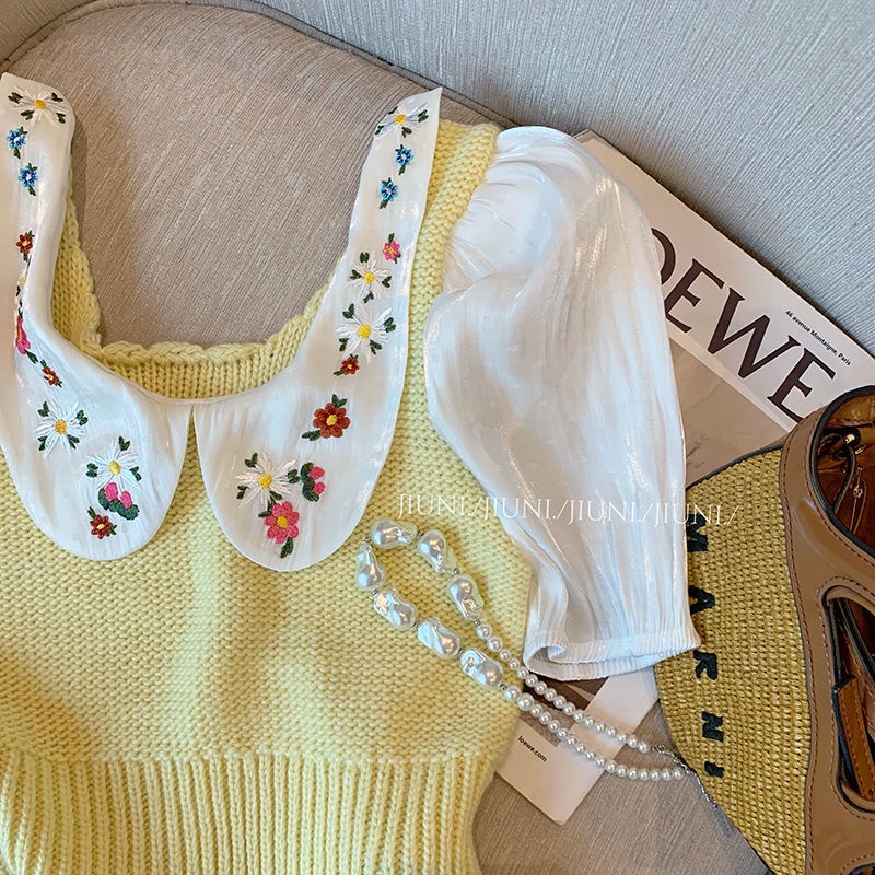 Áo Croptop Dệt Kim Tay Ngắn Cổ Búp Bê Thêu Hoa Thời Trang Mùa Hè Cho Nữ