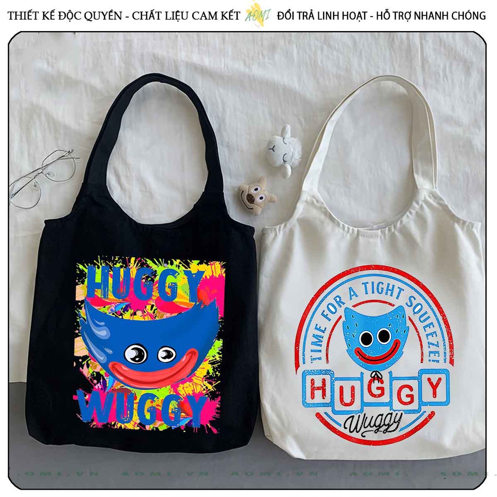 TOTE CANVAS HUGGY WUGGY FORM TRÒN TÚI VẢI ĐEO VAI BAG NÚT BẤM SIZE LỚN AOMIVN DU LỊCH  MÀU ĐEN TRẮNG