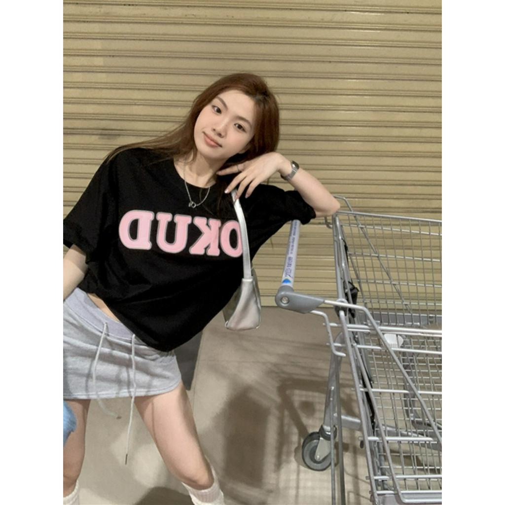 Ethelgirl Áo Thun unisex Dáng Rộng Tay Cộc In Chữ Thời Trang Hàn Quốc