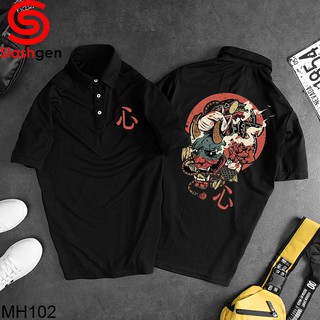Áo Thun Nam Có Cổ MH102 Polo Đen Mặt Quỷ Vòng Tròn Đỏ Sau Lưng Chữ Tàu Đỏ Ngực Trái [40kg-110kg]