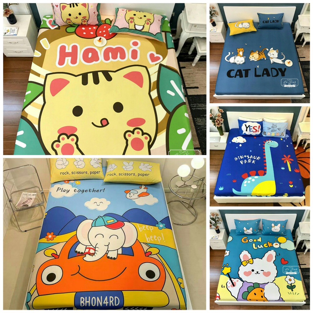 Drap giường cotton , ga trải giường cotton 3D họa tiết ngộ nghĩnh cho bé tặng kèm 2 vỏ gối