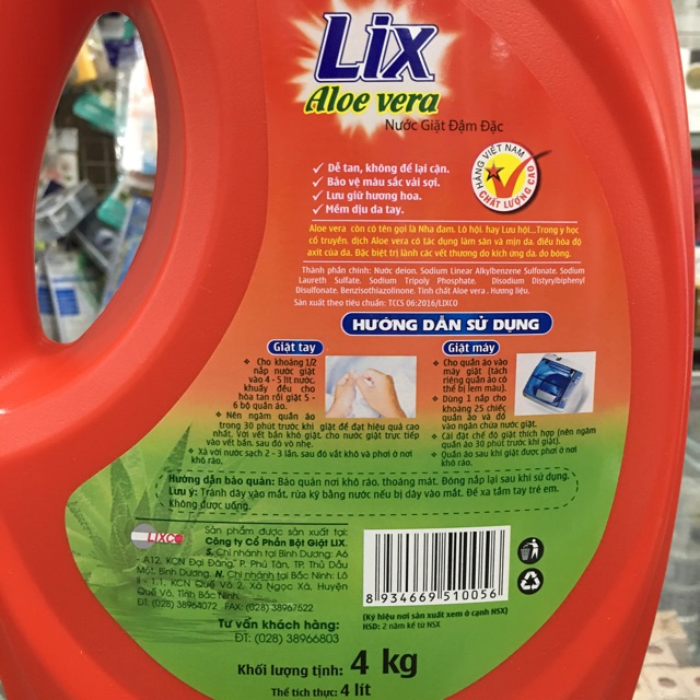 Nước giặt Lix aloe vera chai 4kg