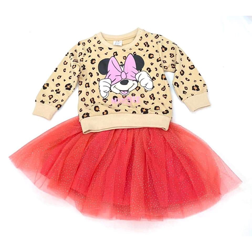 Set bộ váy bé gái HM tay dài hoạ tiết minnie áo nĩ chân váy ren