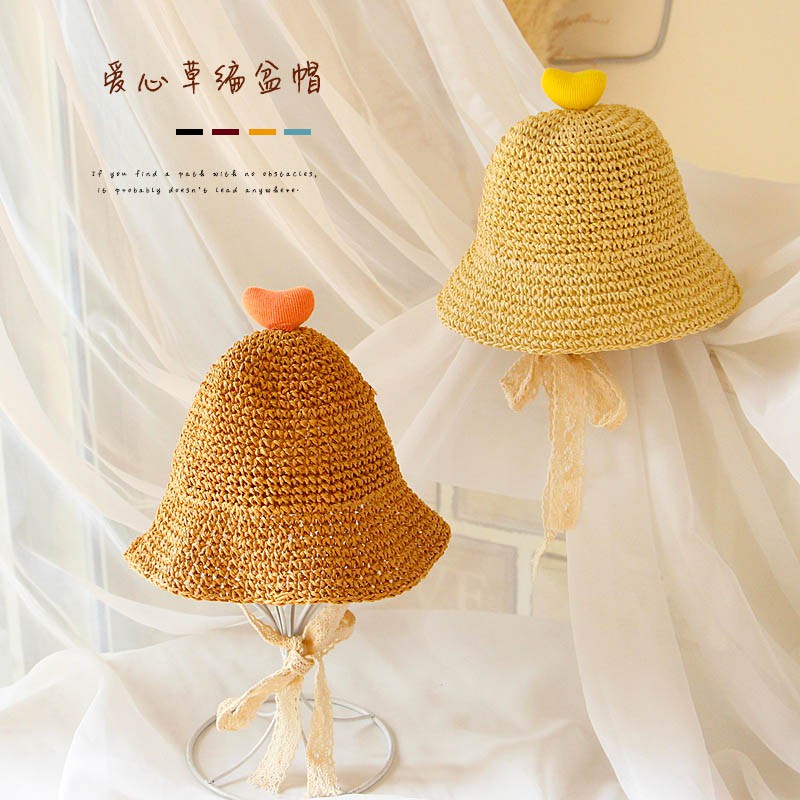Mũ cói đính trái tim phong cách mùa hè thiết kế kiểu Hàn Quốc dễ thương dành cho bé gái