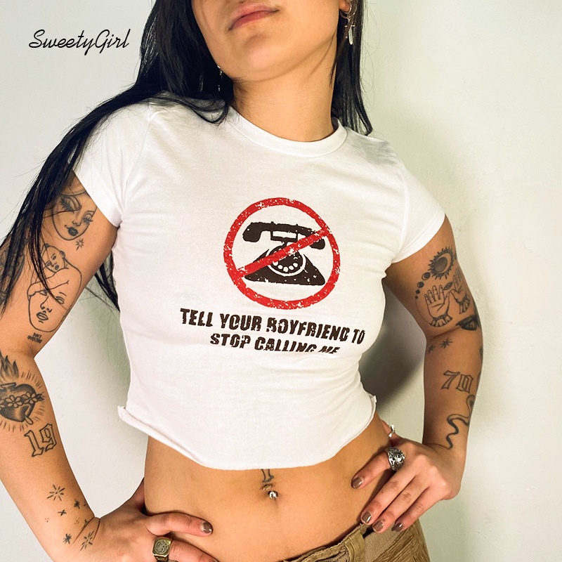 Áo Croptop Ngắn Tay Cổ Tròn In Chữ Phong Cách Đường Phố Thời Trang Cho Nữ