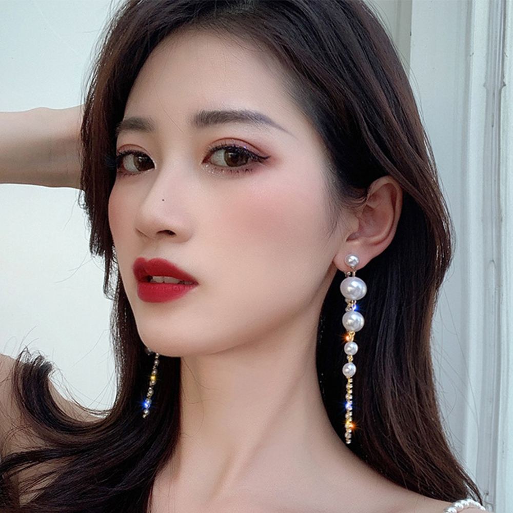 Khuyên Tai Nữ Dáng Dài Đính Hạt Ngọc Trai Long Lanh