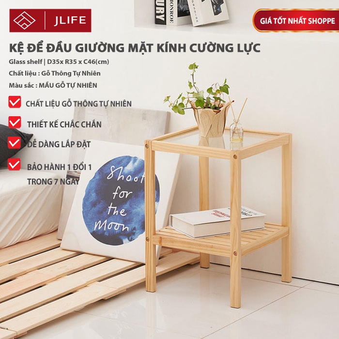 Kệ Đầu Giường JLIFE Tab Đầu Giường Khung Gỗ Mặt Kính Cường Lược Tủ Gỗ Thông Nhập Khẩu
