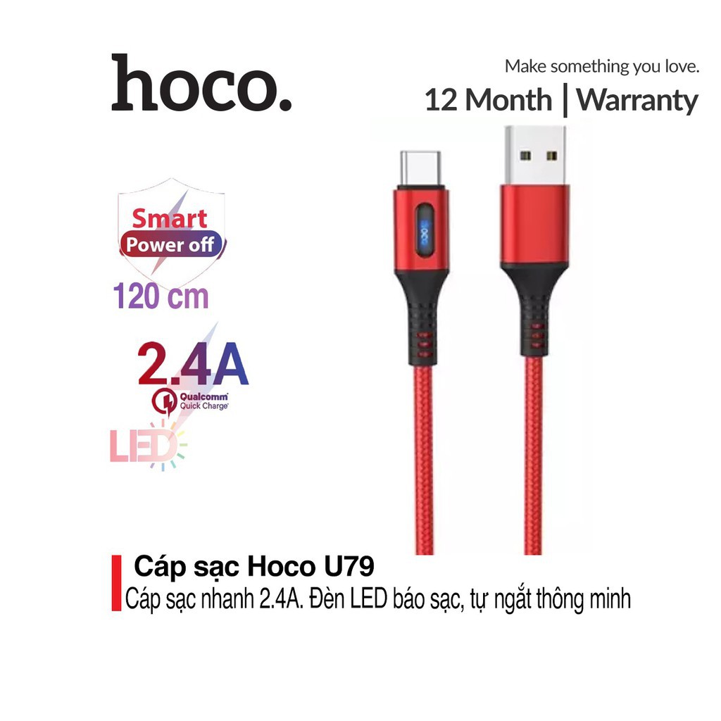 Cáp sạc nhanh 2.4A Hoco U79 Type-C dây dù siêu bền tự ngắt thông minh tích hợp đèn Led dài 1.2M cho Android