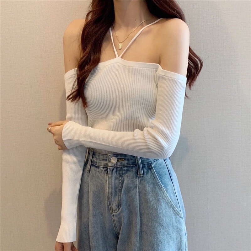Áo tay dài form croptop phối hai dây thiết kế