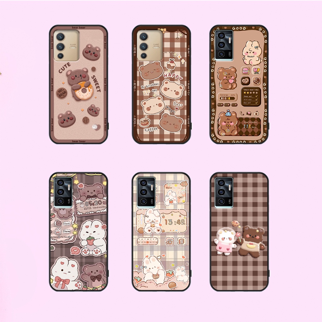 Ốp lưng Vivo V23e - Vivo V23 5G in hình nền caro gấu thỏ, gấu bear cute