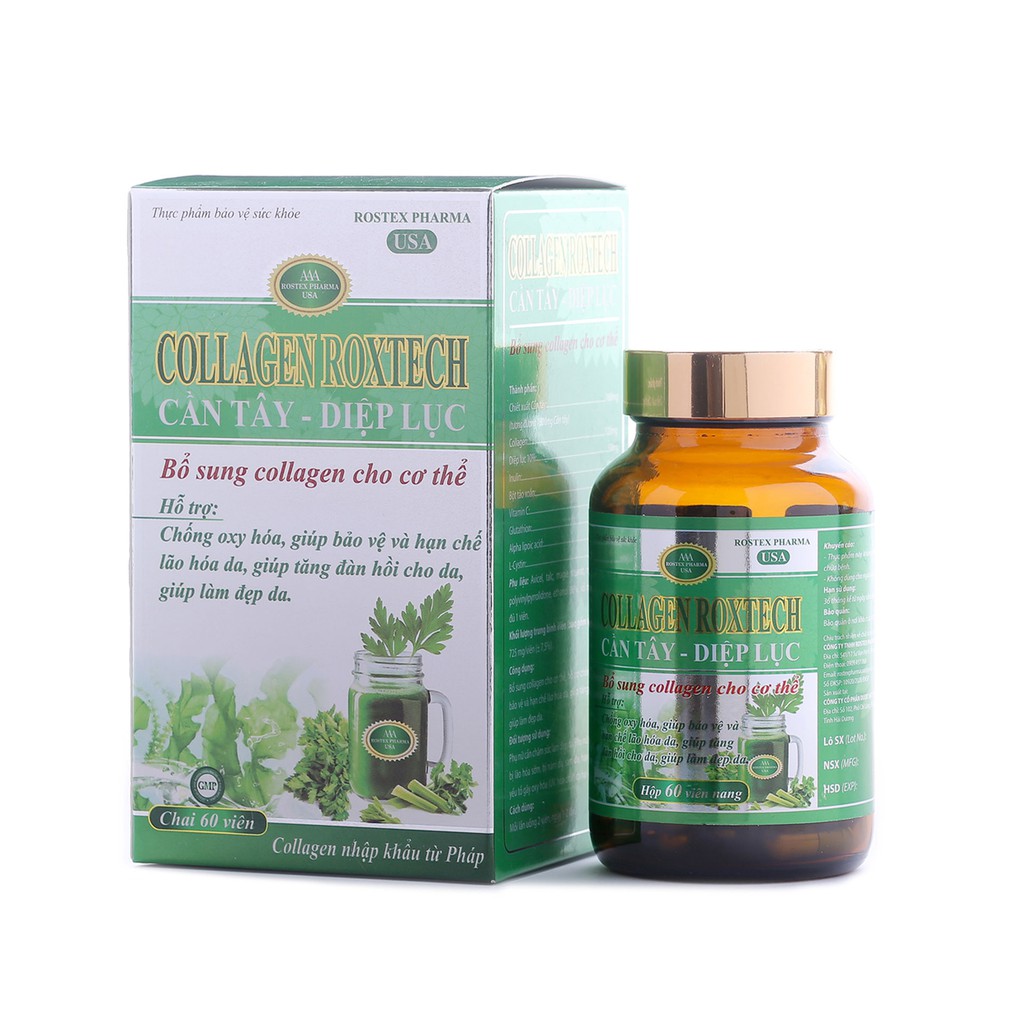 Viên uống đẹp da Collagen Roxtech Cần Tây Diệp Lục giảm nám sạm da, chống lão hóa - Chai 60 viên
