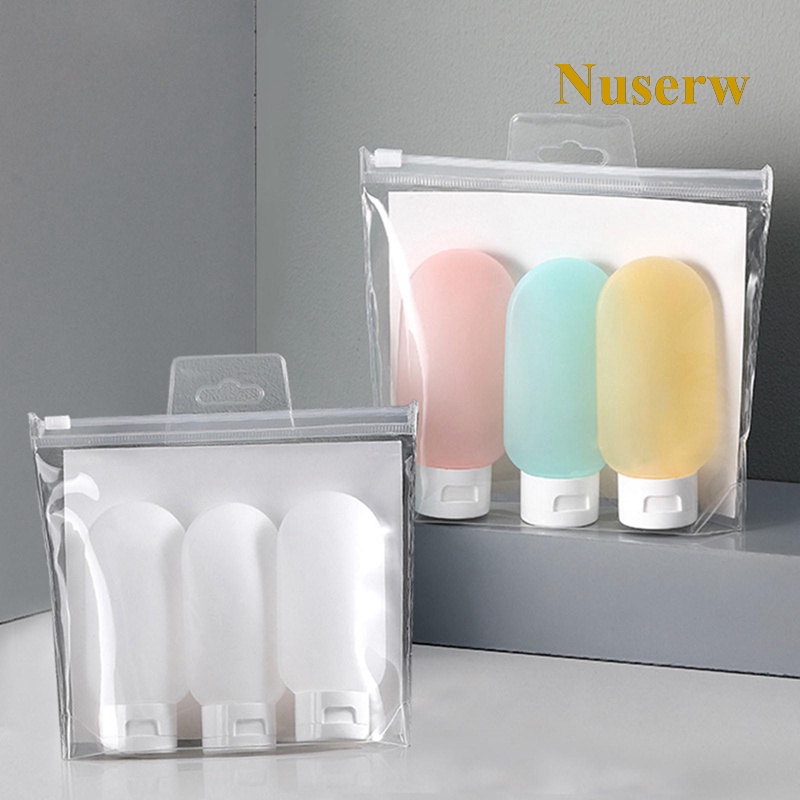 Set 3 Gói 60ml Nhãn Dán Trong Suốt Chống Rò Rỉ Có Thể Đổ Đầy + Túi Đựng Xà Phòng / Dầu Gội Dạng Lỏng