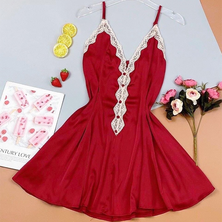Váy ngủ lụa sexy cao cấp cúc bọc dáng xòe gợi cảm BT0018A