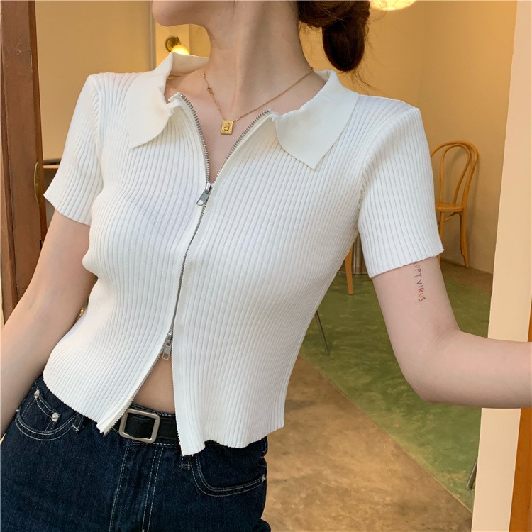 Áo kiểu phối khoá xẻ tà Forgirl cổ bẻ nữ cộc tay hot 2021