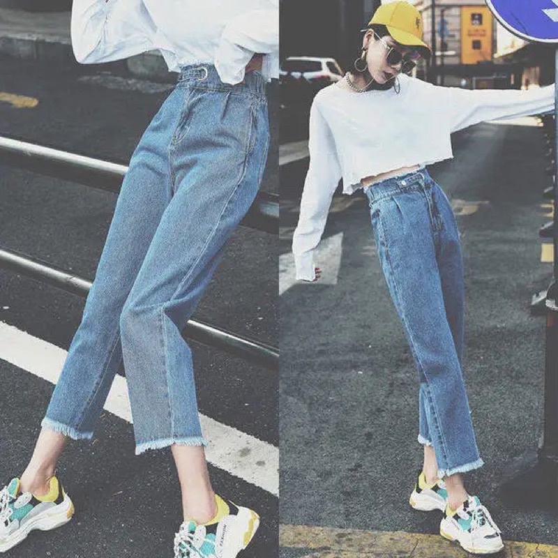 Quần Jean Dáng Baggy Nữ Màu Xanh Nhạt Cạp Cao Có Dây Đai Ống Đứng Phong Cách Hàn Quốc Loại 1 Mềm Mặc Hàng Ngày Đủ Size
