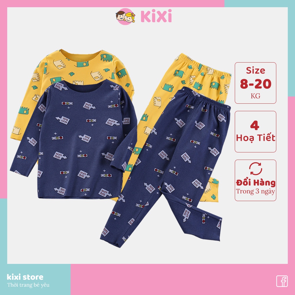 Bộ thu đông cho bé trai bé gái KiXi bộ dài tay cotton co giãn hoạ tiết đẹp quần áo cho bé mặc nhà CMQAD05
