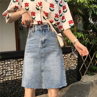 Chân váy Jean chữ A dài chấm gối
