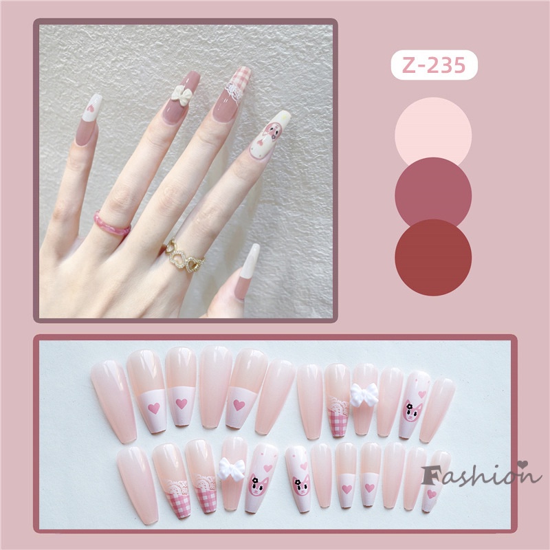 Bộ 24 Móng Tay Giả Đầu Nhọn Dài Đính Nơ &amp; Trái Tim