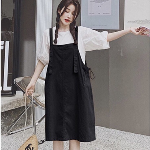 Váy yếm kaki dáng dài phối áo tay phồng trắng phom rộng, set yếm váy dáng suông freesize