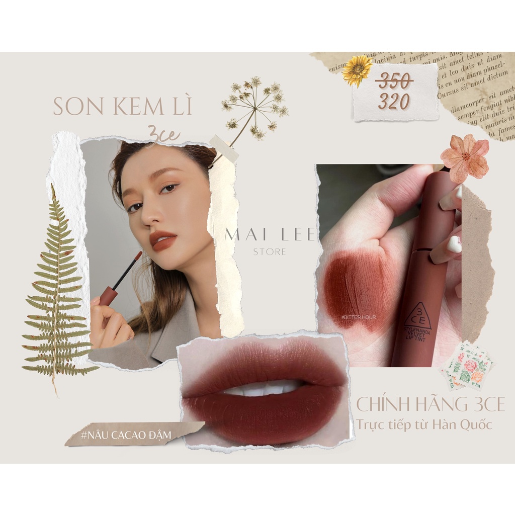 Son Kem Lì 3CE #Nâu Cacao #Bitter Hour 4g - Mịn Màng Như Nhung 3CE Velvet Lip Tint