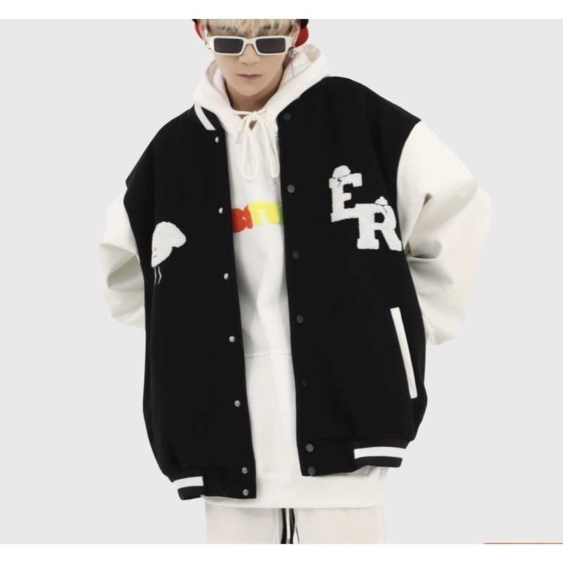 Áo bomber - Jacket varsity chất dạ tay da thêu xù 100% trái tim ER chính hãng