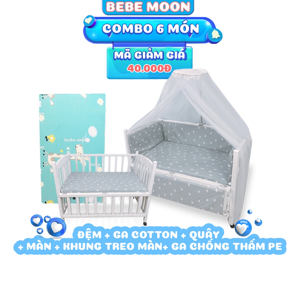 Combo 6 Đệm Bông Ép + Ga + Ga chống thấm + 4 Tấm Quây + Màn Và Khung Màn Cho Cũi