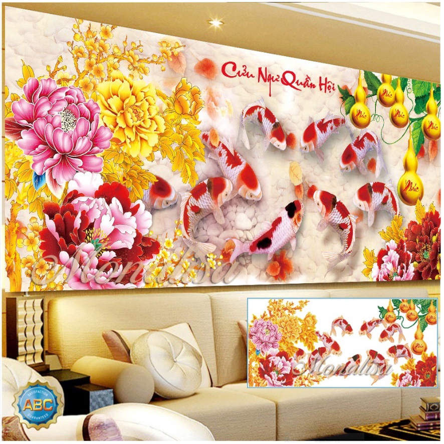 Tranh thêu cá cửu ngư quần hội KT:130x65cm,150x70cm,tranh chưa thêu.Tặng kéo và xỏ chỉ.
