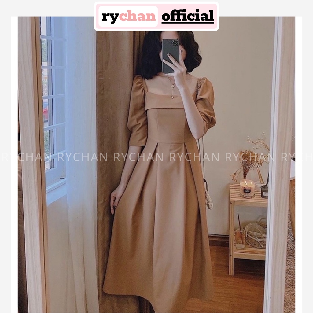 Đầm Dự Tiệc Cổ Vuông Tà Ngang Trước Ngực Thun Vai Xếp Li Eo Màu Đỏ Kem [ẢNH THẬT CUỐI] - DX9728