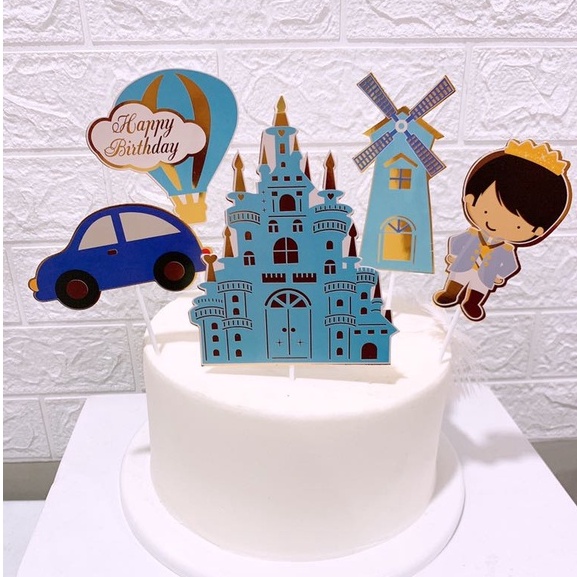 5 set cắm giấy hoàng tử lâu đài xanh,công chúa lâu đài hồng