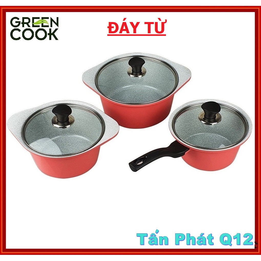 BỘ NỒI ĐÚC VÂN ĐÁ ĐÁY TỪ GREEN COOK 18/20/24CM (màu hồng)