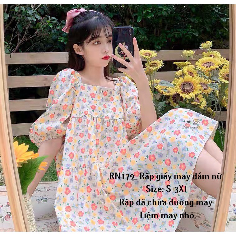 RN179_rập giấy may đầm xòe cổ vuông nữ