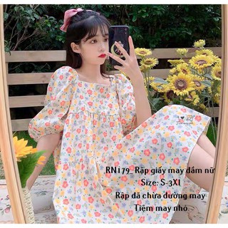 RN179_rập giấy may đầm xòe cổ vuông nữ