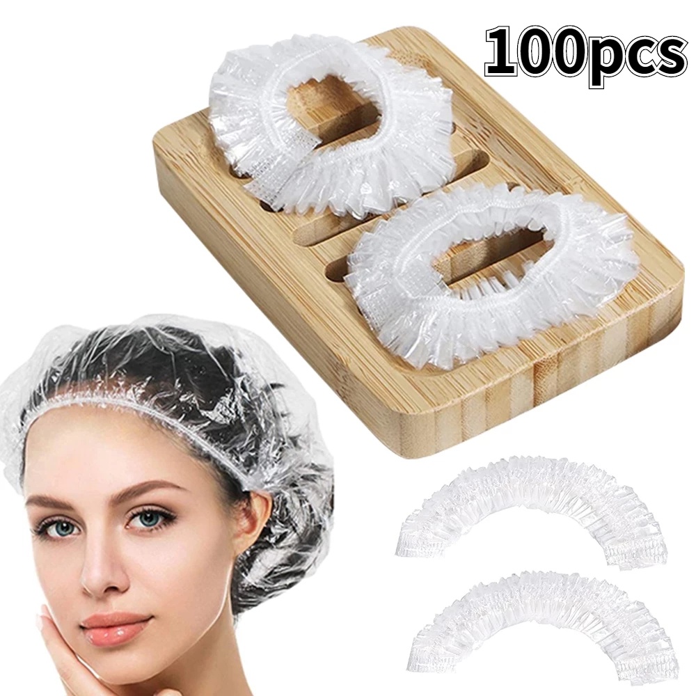 Set 100 Mũ Trùm Tóc Bằng Nhựa Trong Suốt Chống Nước Dùng Một Lần