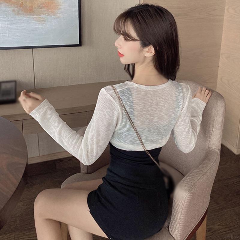 Áo Croptop Tay Dài Cổ Chữ V Phong Cách Hàn Quốc Thời Trang Cho Nữ