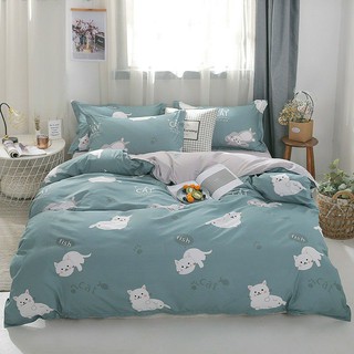 Cotton poly bộ chăn ga gối mèo trắng ga xanh