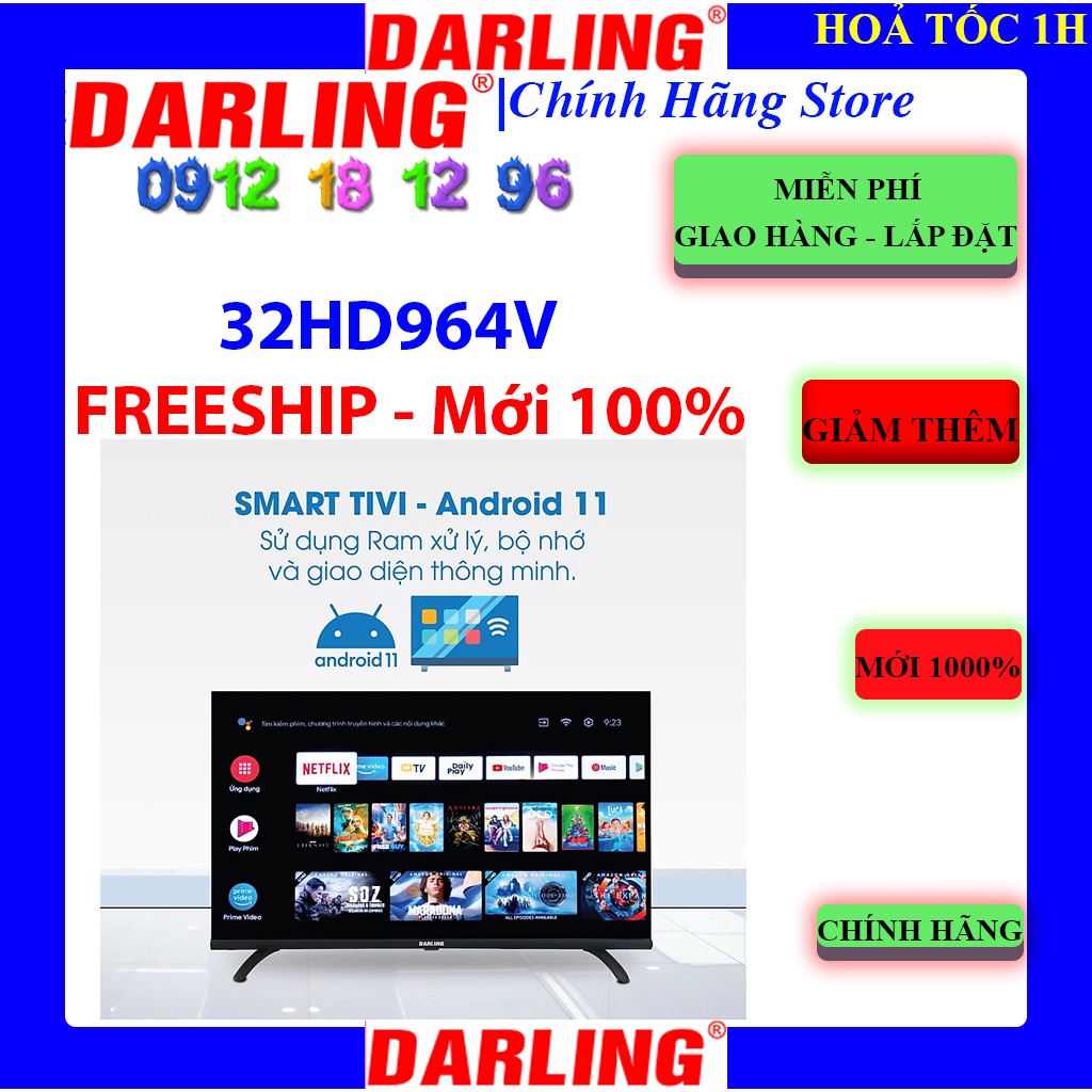 Smart Voice Tivi Darling 32 inch HD 32HD964V Android 11, Điều khiển giọng nói, Tích hợp DVB-T2 - Hàng Chính Hãng