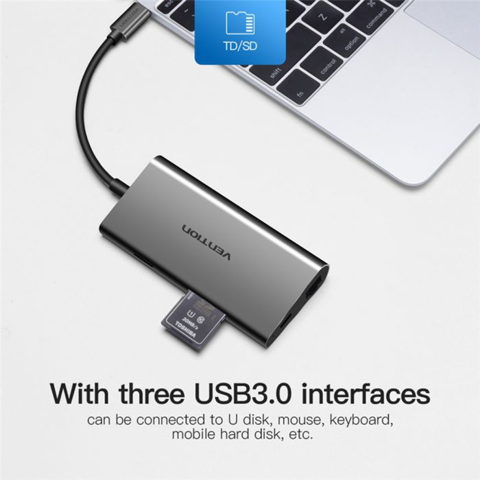 Cổng Chuyển Vention 8 in 1 USB Type C to HDMI, LAN,TF,SD,USB 3.0*3,PD Vention THAHB