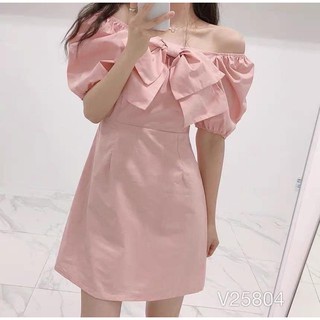 [Siêu phẩm ]Váy trễ vai nơ trước ngực -Đầm trễ vai điệu đà