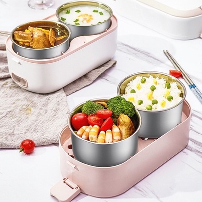 Hộp cơm cắm điện 2 quai cầm, 2 tầng với 4 hũ inox, 2 nắp đậy và 2 nắp thông hơi, chấu cắm 2 chân HÀNG CÓ SẴN