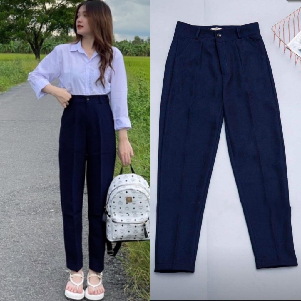 Quần tây đen nữ lưng cao đi học sinh chất vải tuyết mưa mềm trơn có cạp đai - Quần vải nữ công sở dáng baggy ống đứng