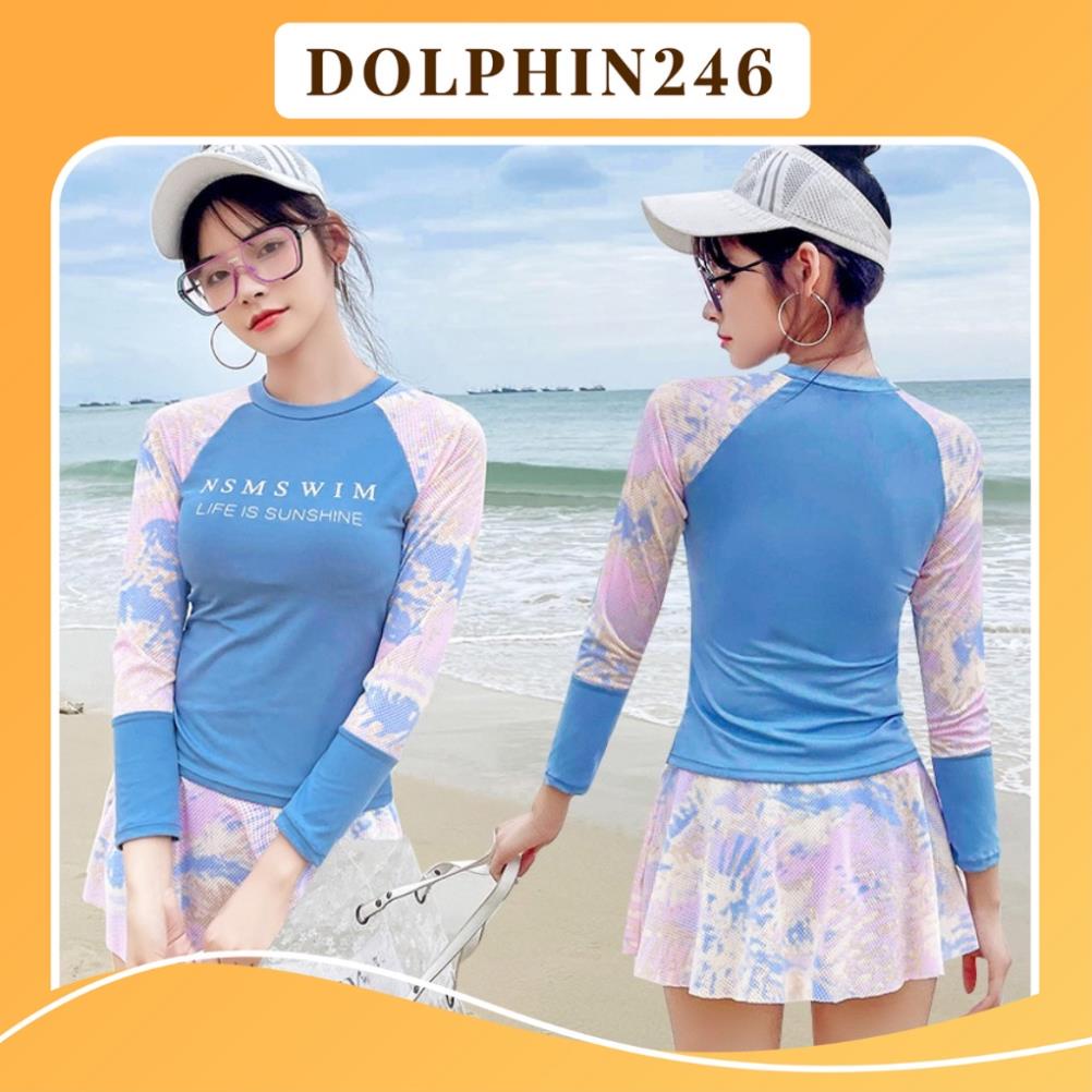 Bikini Dài Tay Đồ Bơi Nữ váy Hàn Quốc 2022 Hoa Xanh Hai Mảnh Cạp Cao Quảng Châu TDHX K2T2-2 *