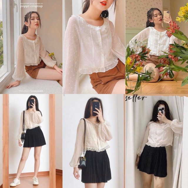 Áo Kiểu POPPY CROPTOP tay dài chất vải liệu voan mềm mại thêu hạt nổi form chuẩn basic