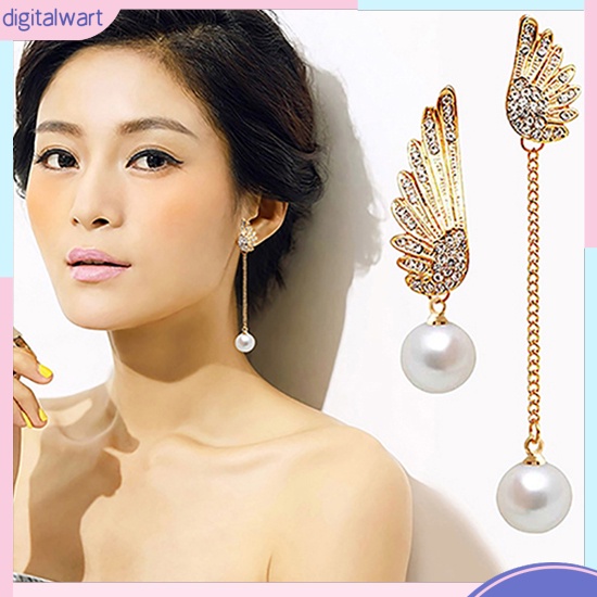 Khuyên tai bất đối xứng hình đôi cánh thiên thần đính hạt ngọc trai nhân tạo xinh xắn sang trọng cho nữ