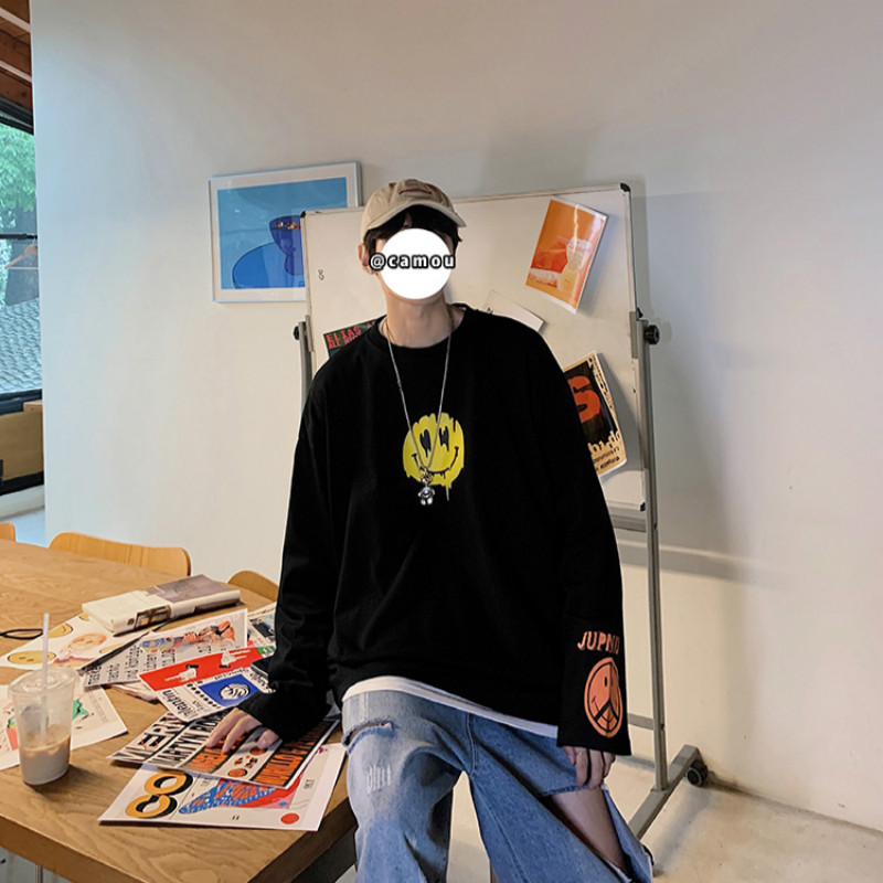 Áo Thun Dài Tay In Hình Mặt Cười Phong Cách Hàn Quốc Cho Nam Size M-5Xl