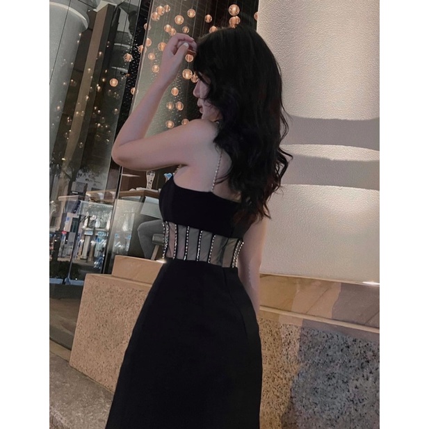 Đầm body 2 dây phối lưới eo kết đá🖤