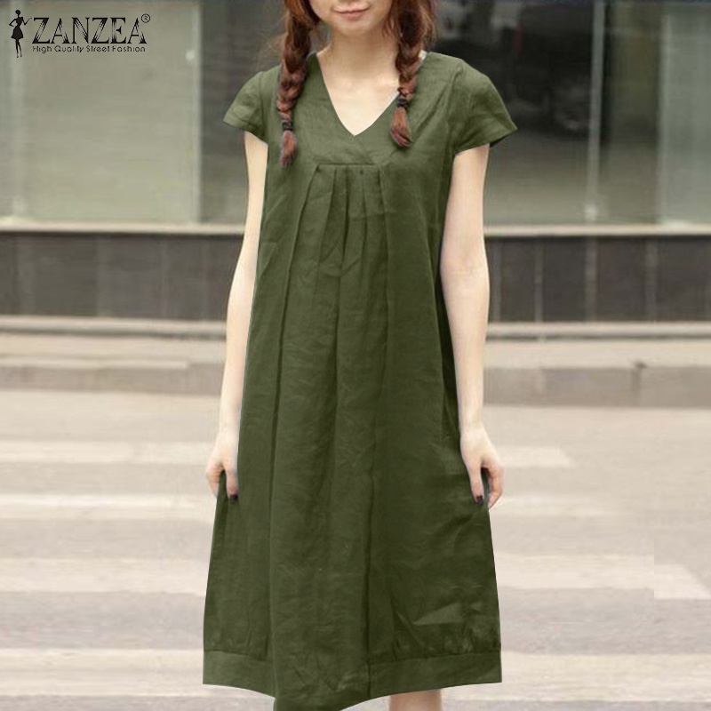 Đầm midi ZANZEA tay ngắn cổ chữ v phong cách Hàn Quốc dành cho nữ